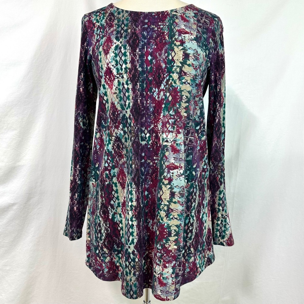 PURE J JILL 100% Pima Cotton Abstract Aztec Print Tunic Top Long Sleeve Womens S